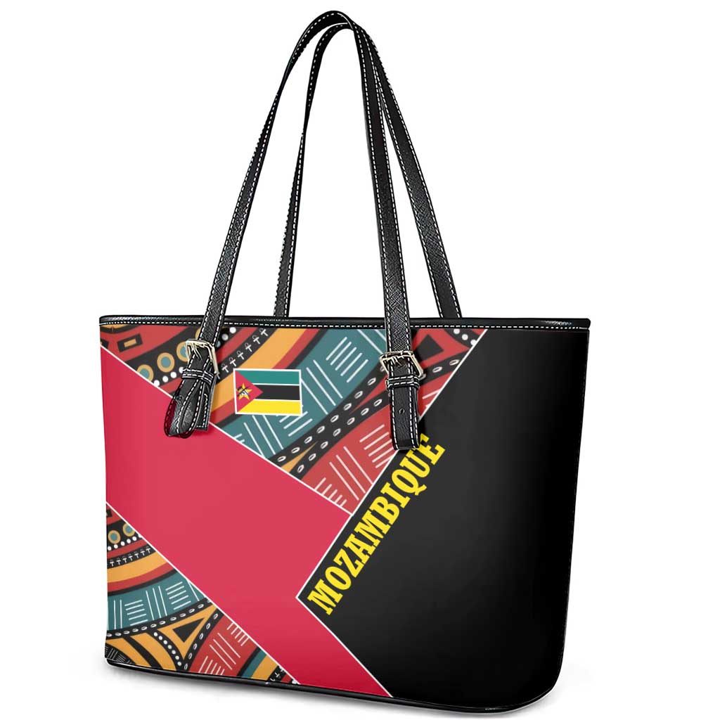 Mozambique Leather Tote Bag with Red Black Geometric Design and Tribal Pattern - Wonder Print Shop
