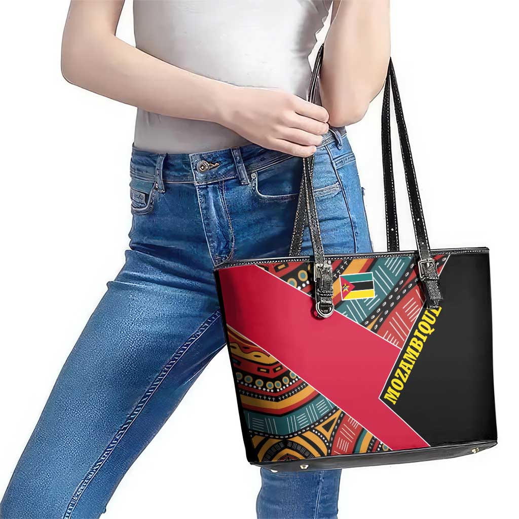 Mozambique Leather Tote Bag with Red Black Geometric Design and Tribal Pattern - Wonder Print Shop