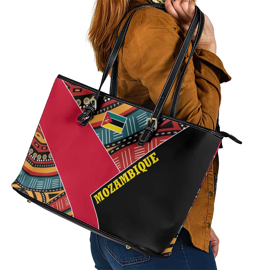 Mozambique Leather Tote Bag with Red Black Geometric Design and Tribal Pattern - Wonder Print Shop