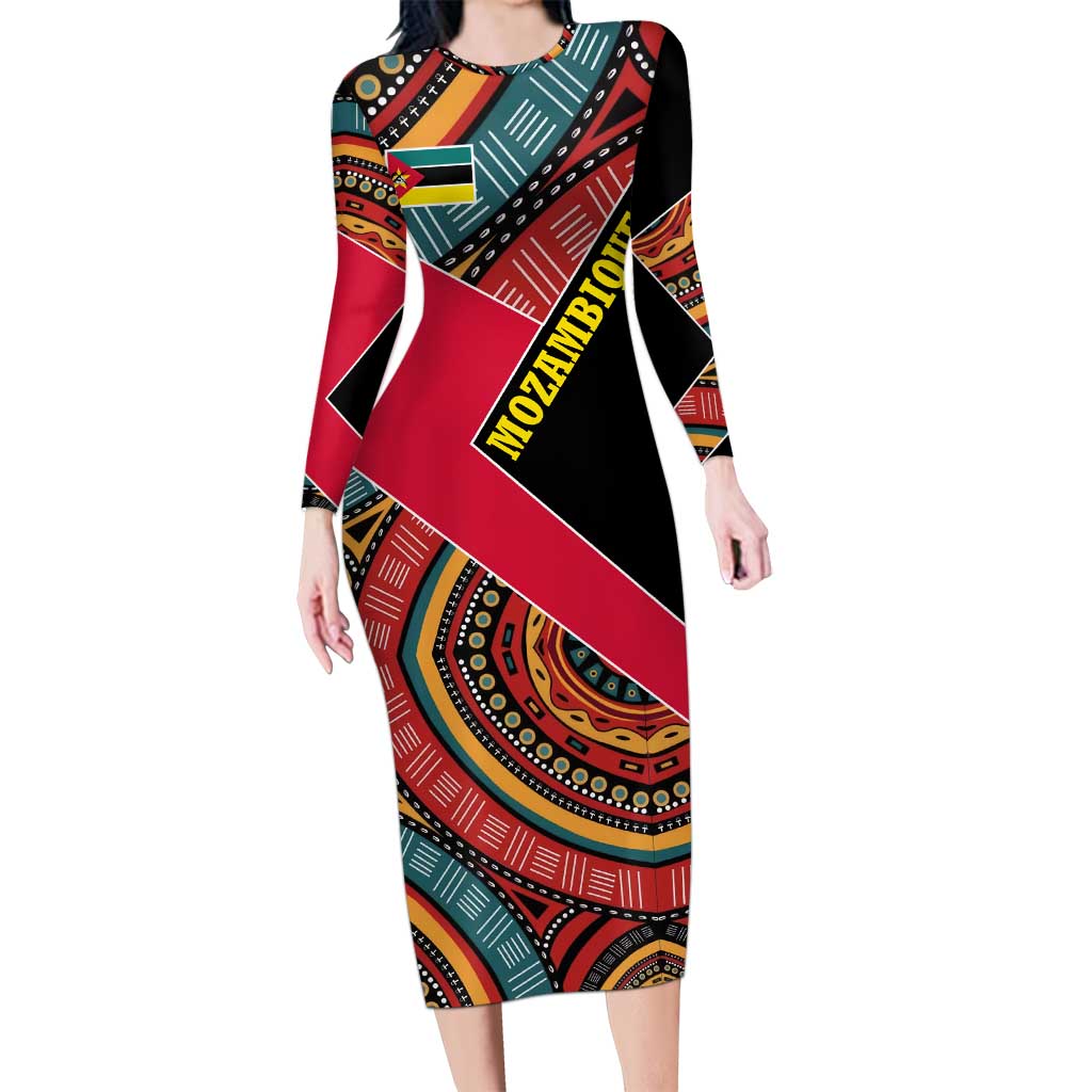 Mozambique Long Sleeve Bodycon Dress with Red Black Geometric Design and Tribal Pattern - Wonder Print Shop