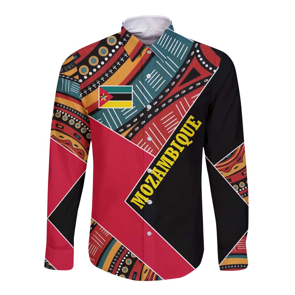 Mozambique Long Sleeve Button Shirt with Red Black Geometric Design and Tribal Pattern - Wonder Print Shop