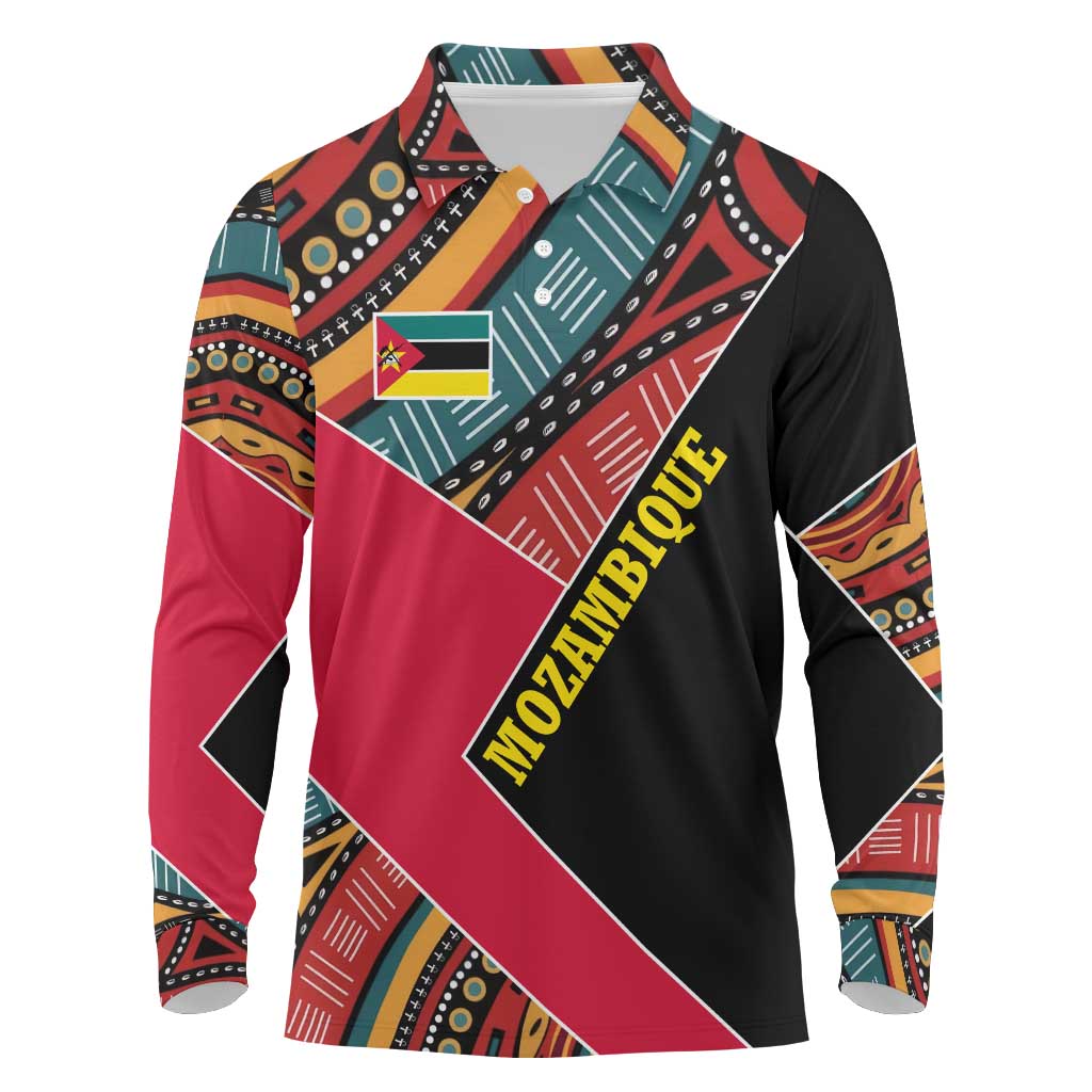 Mozambique Long Sleeve Polo Shirt with Red Black Geometric Design and Tribal Pattern - Wonder Print Shop