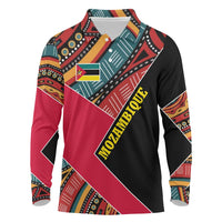 Mozambique Long Sleeve Polo Shirt with Red Black Geometric Design and Tribal Pattern - Wonder Print Shop