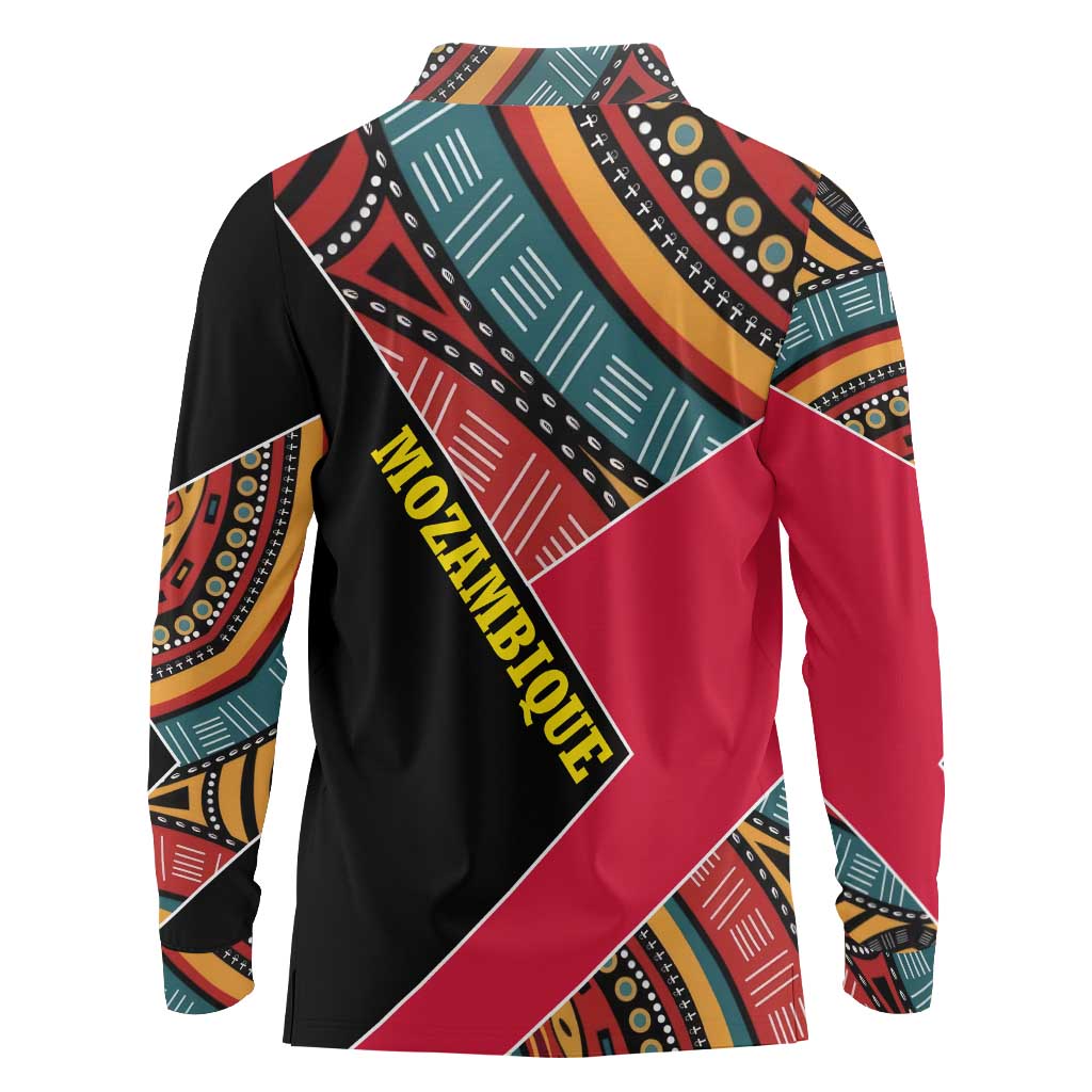 Mozambique Long Sleeve Polo Shirt with Red Black Geometric Design and Tribal Pattern - Wonder Print Shop