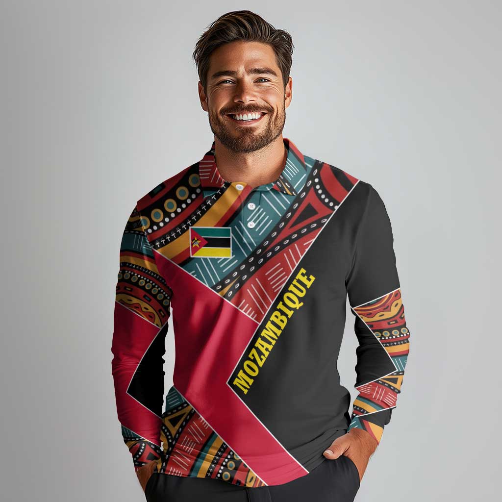 Mozambique Long Sleeve Polo Shirt with Red Black Geometric Design and Tribal Pattern - Wonder Print Shop