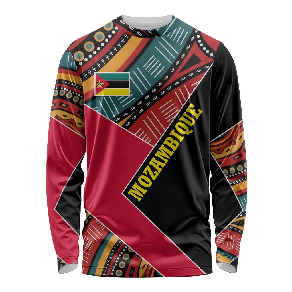 Mozambique Long Sleeve Shirt with Red Black Geometric Design and Tribal Pattern - Wonder Print Shop