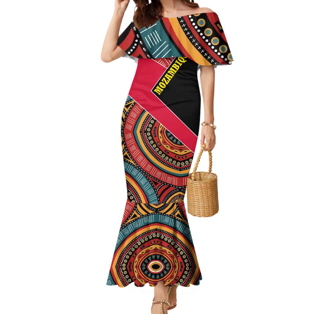 Mozambique Mermaid Dress with Red Black Geometric Design and Tribal Pattern - Wonder Print Shop