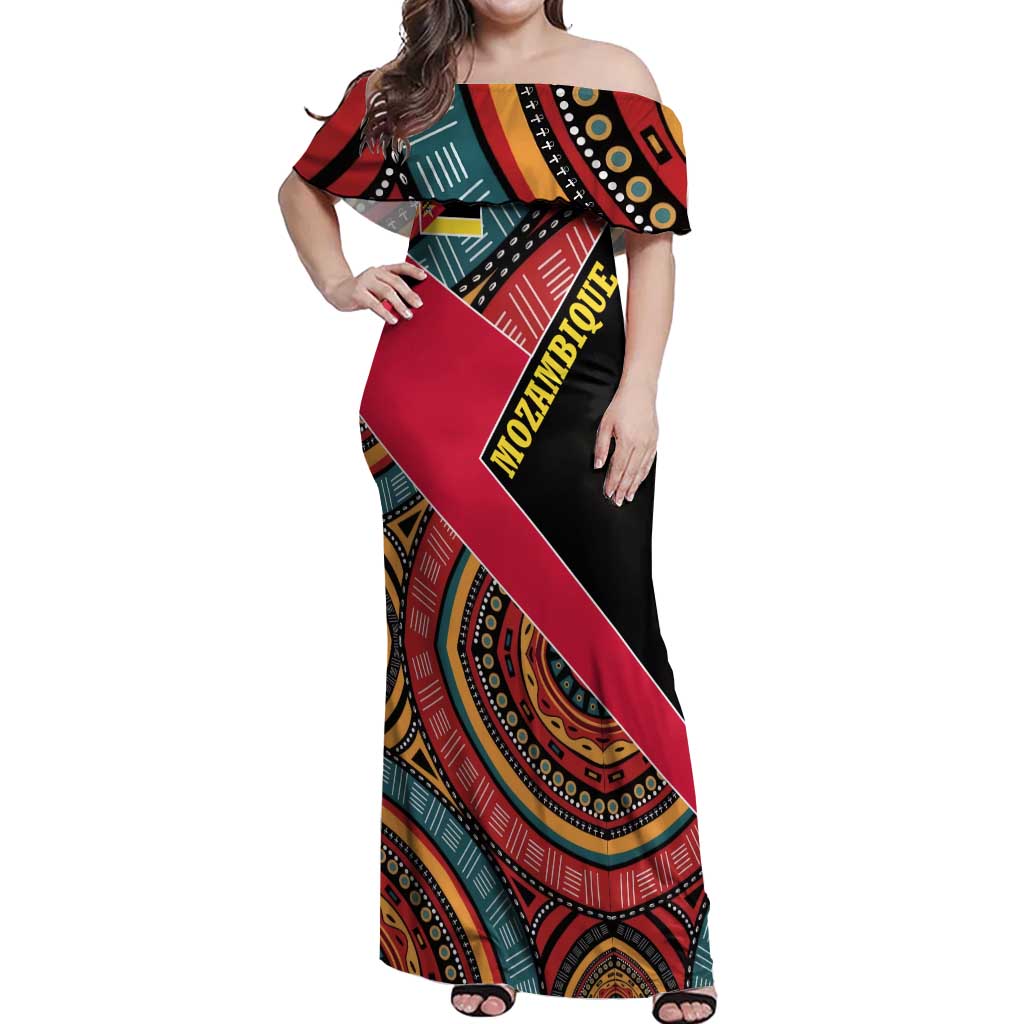 Mozambique Off Shoulder Maxi Dress with Red Black Geometric Design and Tribal Pattern - Wonder Print Shop