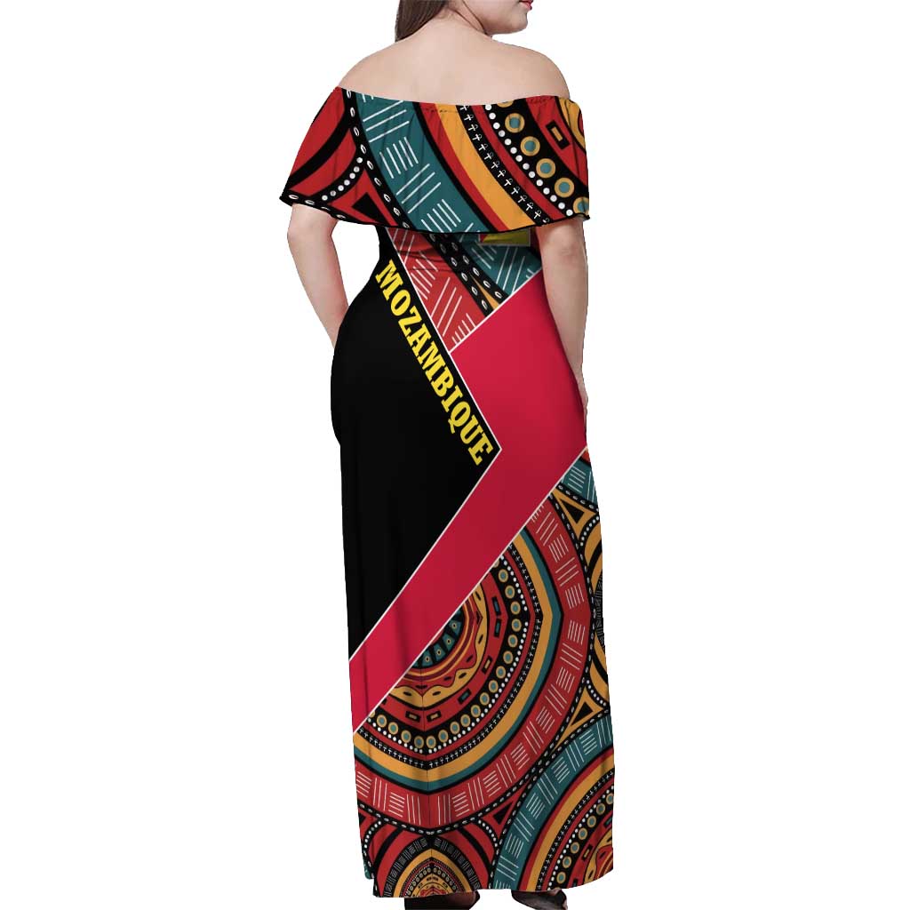 Mozambique Off Shoulder Maxi Dress with Red Black Geometric Design and Tribal Pattern - Wonder Print Shop
