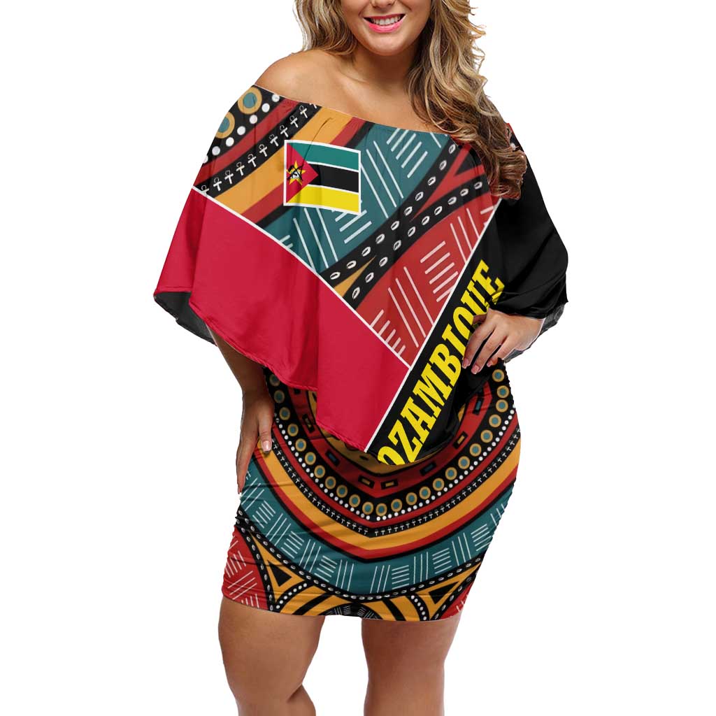 Mozambique Off Shoulder Short Dress with Red Black Geometric Design and Tribal Pattern - Wonder Print Shop