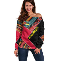 Mozambique Off Shoulder Sweater with Red Black Geometric Design and Tribal Pattern - Wonder Print Shop