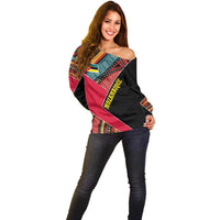 Mozambique Off Shoulder Sweater with Red Black Geometric Design and Tribal Pattern - Wonder Print Shop