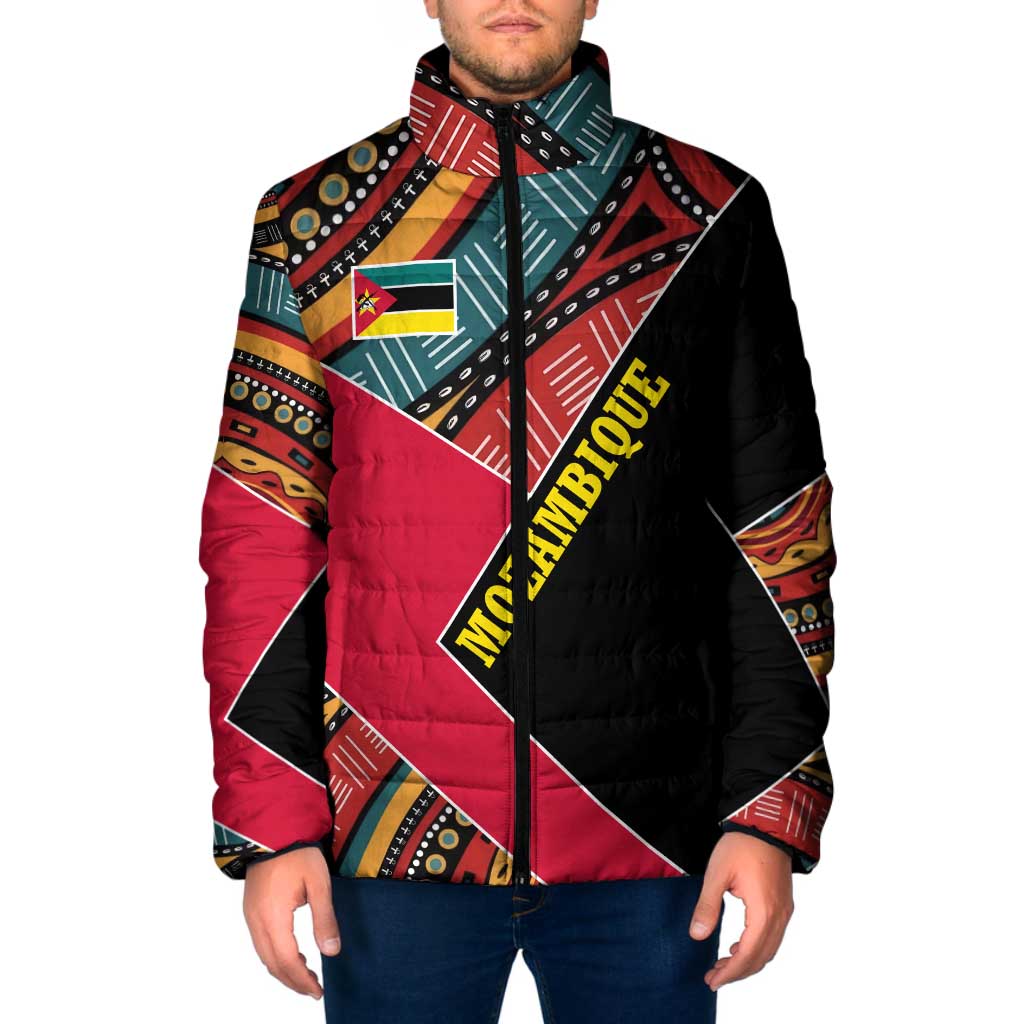 Mozambique Padded Jacket with Red Black Geometric Design and Tribal Pattern - Wonder Print Shop