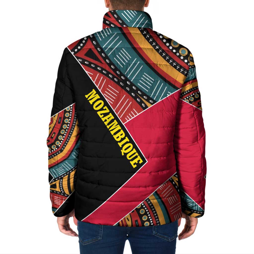 Mozambique Padded Jacket with Red Black Geometric Design and Tribal Pattern - Wonder Print Shop