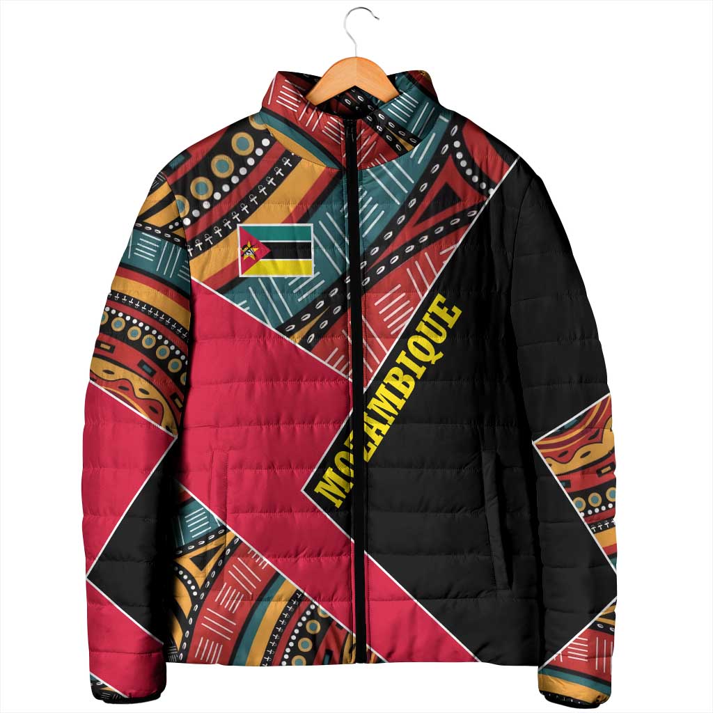 Mozambique Padded Jacket with Red Black Geometric Design and Tribal Pattern - Wonder Print Shop