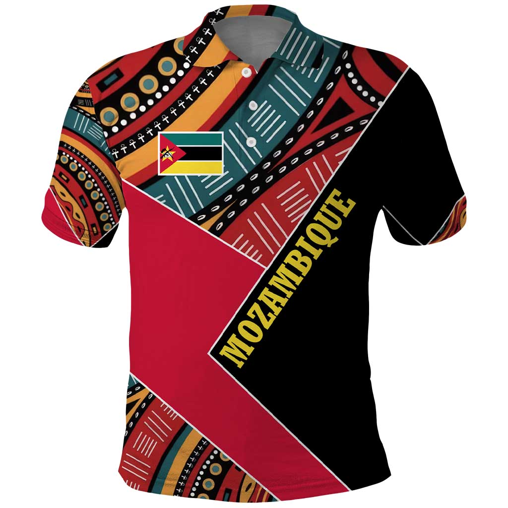 Mozambique Polo Shirt with Red Black Geometric Design and Tribal Pattern - Wonder Print Shop