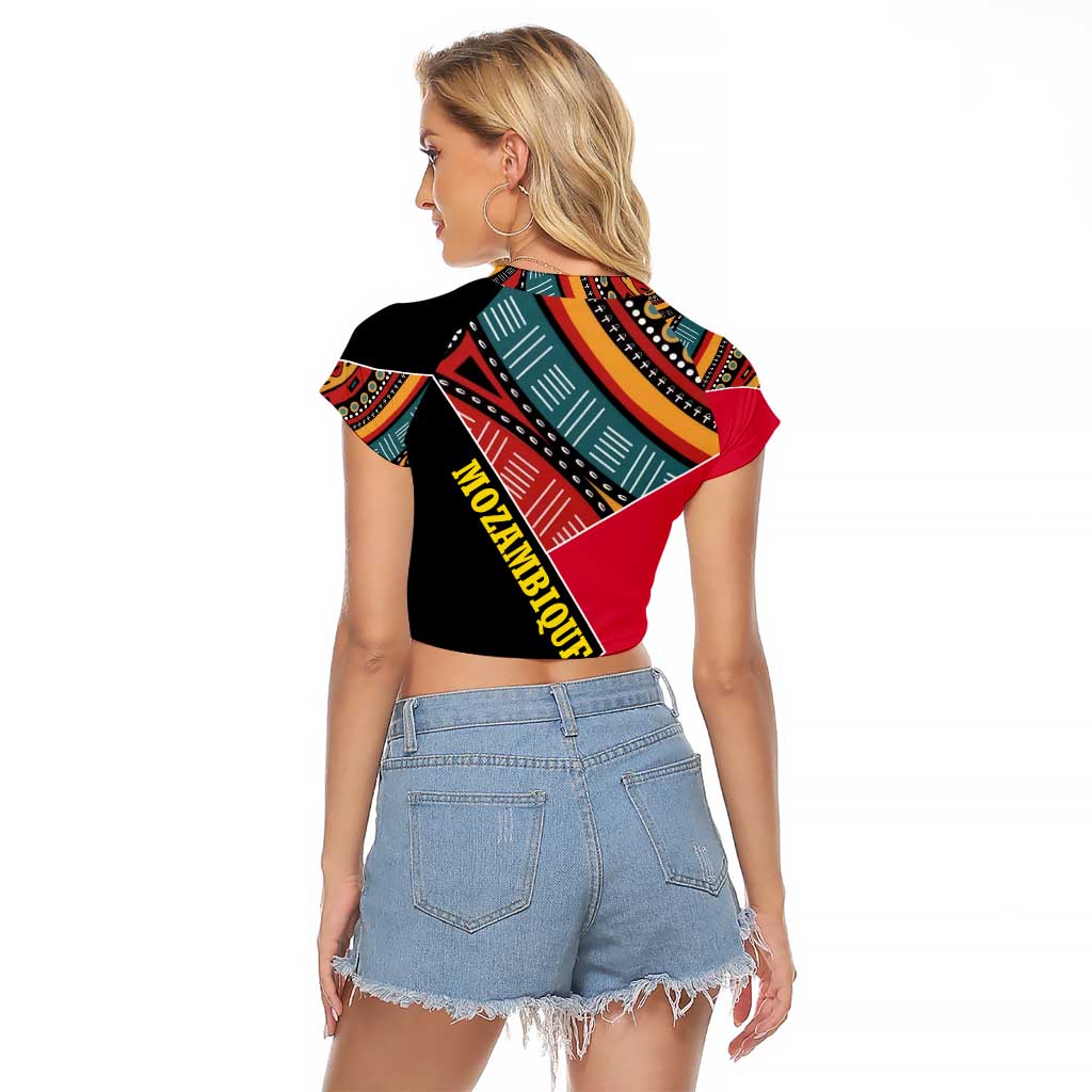 Mozambique Raglan Cropped T Shirt with Red Black Geometric Design and Tribal Pattern - Wonder Print Shop