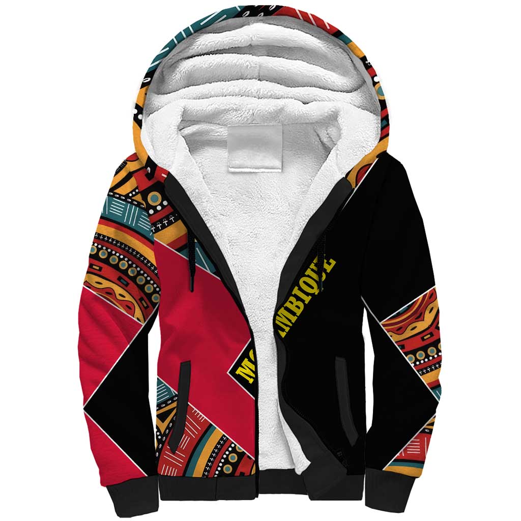 Mozambique Sherpa Hoodie with Red Black Geometric Design and Tribal Pattern - Wonder Print Shop