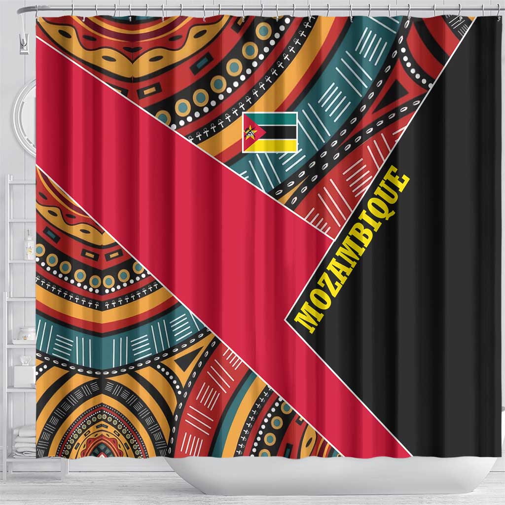 Mozambique Shower Curtain with Red Black Geometric Design and Tribal Pattern - Wonder Print Shop