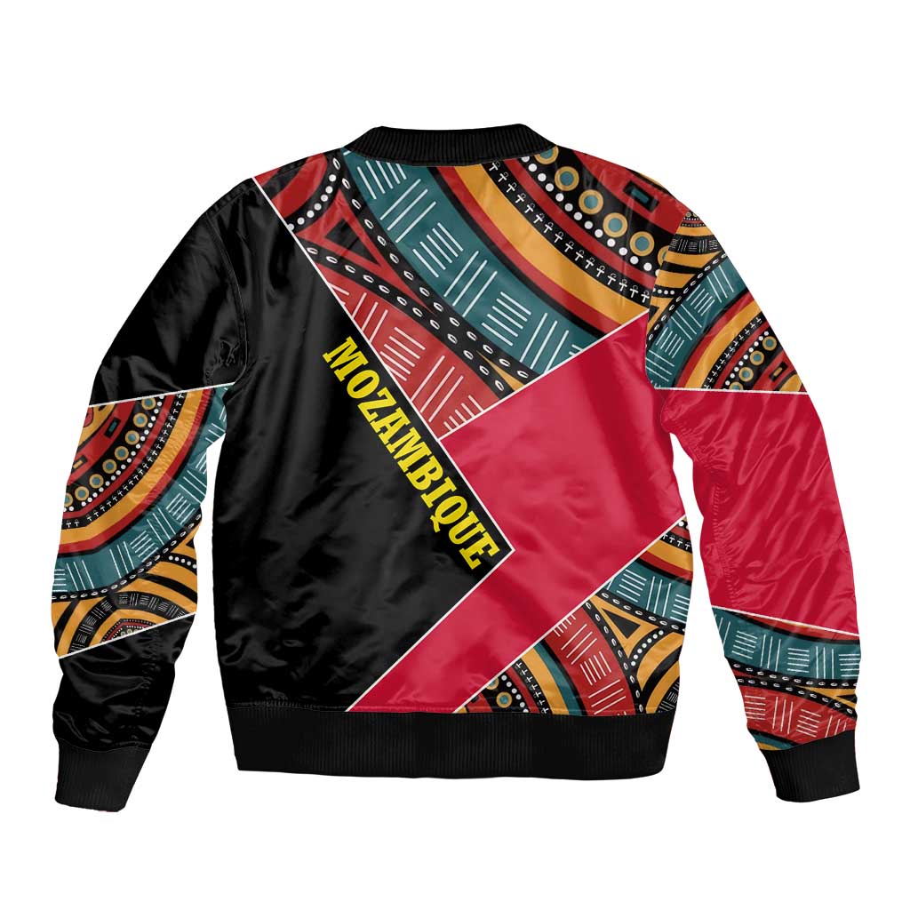 Mozambique Sleeve Zip Bomber Jacket with Red Black Geometric Design and Tribal Pattern - Wonder Print Shop