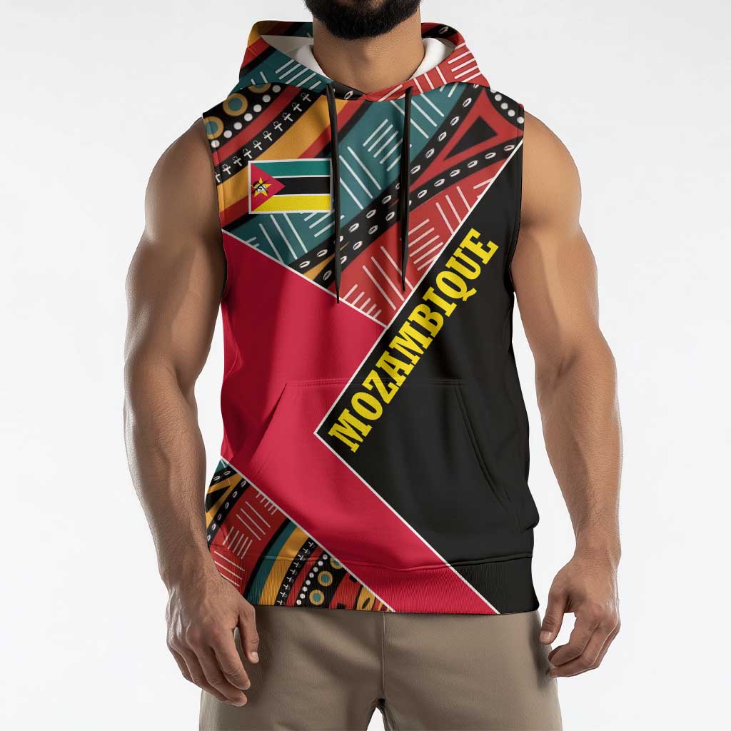 Mozambique Sleeveless Hoodie with Red Black Geometric Design and Tribal Pattern - Wonder Print Shop