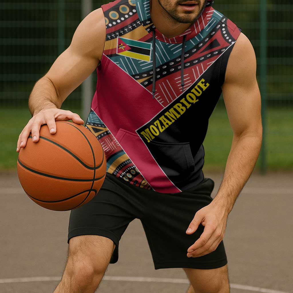 Mozambique Sleeveless Hoodie with Red Black Geometric Design and Tribal Pattern - Wonder Print Shop