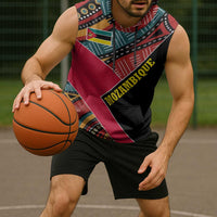 Mozambique Sleeveless Hoodie with Red Black Geometric Design and Tribal Pattern - Wonder Print Shop