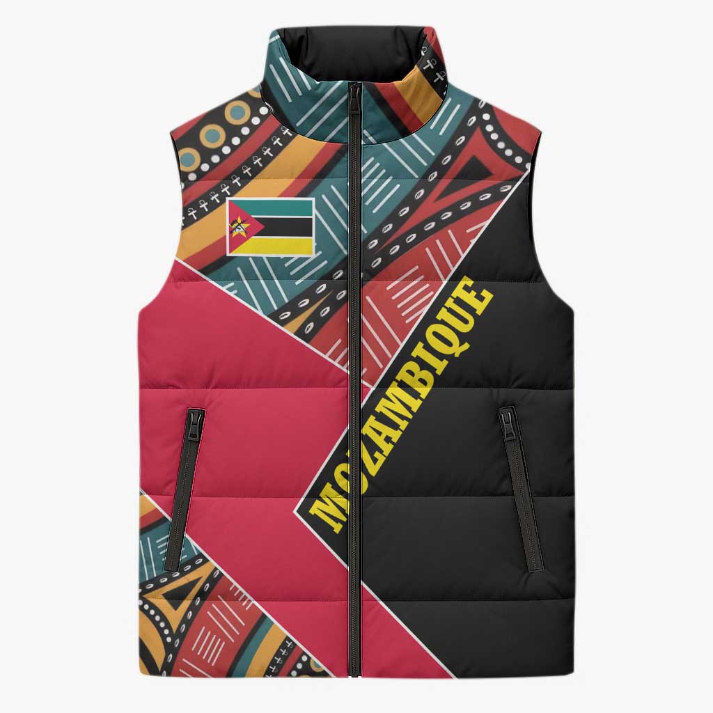 Mozambique Sleeveless Puffer Jacket with Red Black Geometric Design and Tribal Pattern - Wonder Print Shop