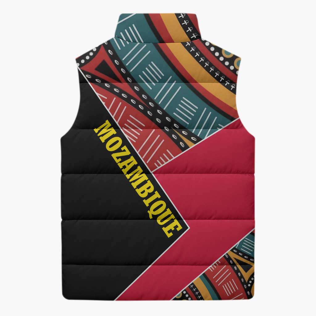 Mozambique Sleeveless Puffer Jacket with Red Black Geometric Design and Tribal Pattern - Wonder Print Shop