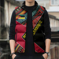 Mozambique Sleeveless Puffer Jacket with Red Black Geometric Design and Tribal Pattern - Wonder Print Shop