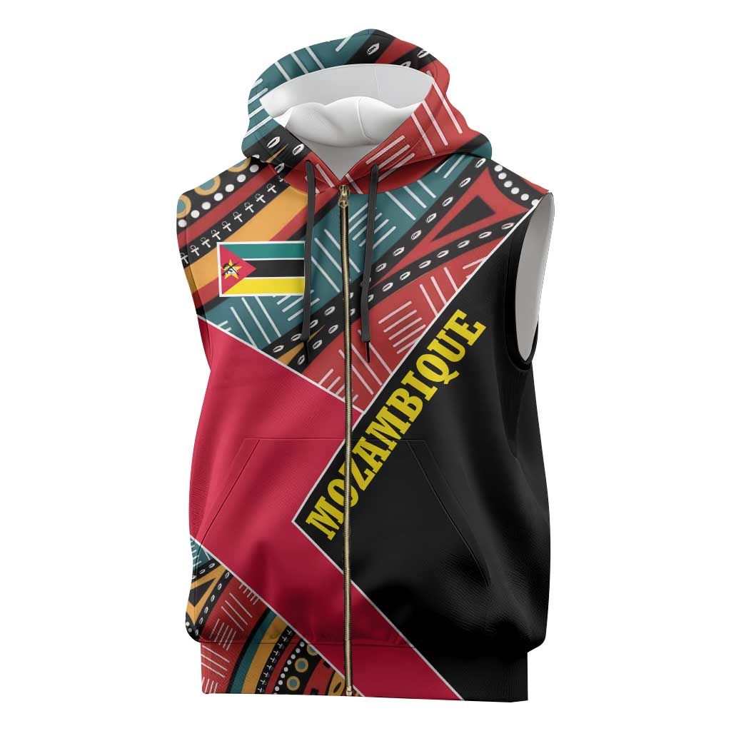 Mozambique Sleeveless Zip Hoodie with Red Black Geometric Design and Tribal Pattern - Wonder Print Shop