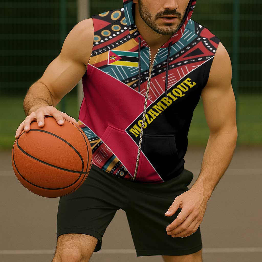 Mozambique Sleeveless Zip Hoodie with Red Black Geometric Design and Tribal Pattern - Wonder Print Shop