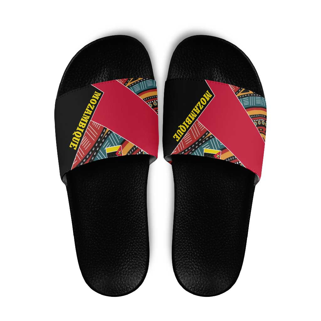 Mozambique Slide Sandals with Red Black Geometric Design and Tribal Pattern - Wonder Print Shop
