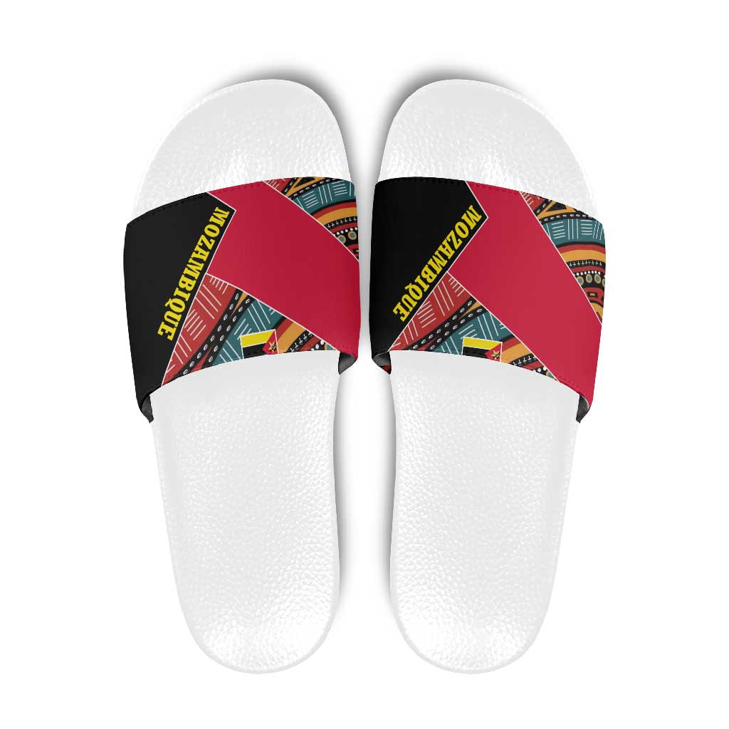 Mozambique Slide Sandals with Red Black Geometric Design and Tribal Pattern - Wonder Print Shop