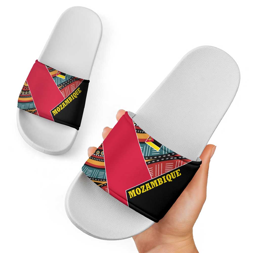 Mozambique Slide Sandals with Red Black Geometric Design and Tribal Pattern - Wonder Print Shop