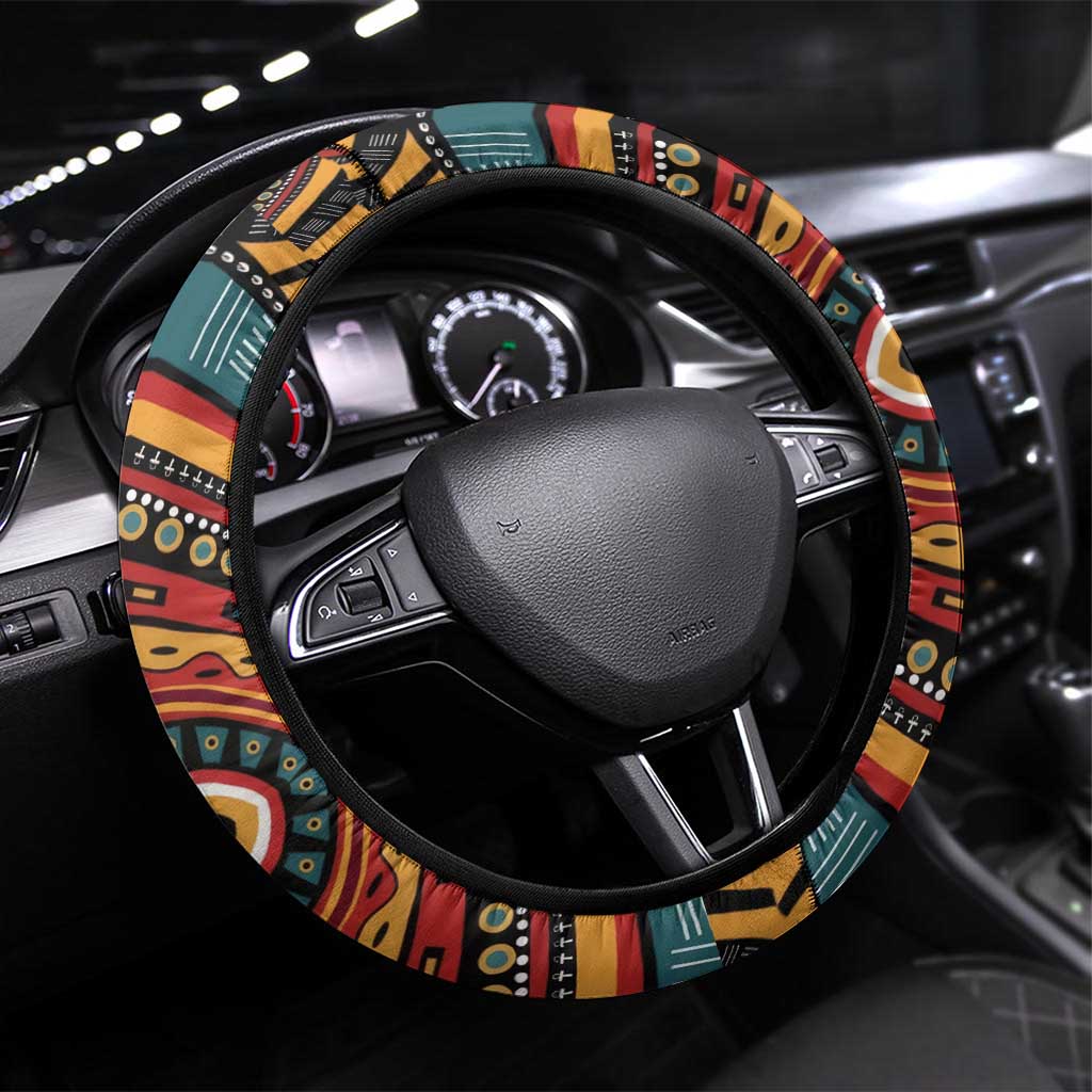 Mozambique Steering Wheel Cover with Red Black Geometric Design and Tribal Pattern - Wonder Print Shop