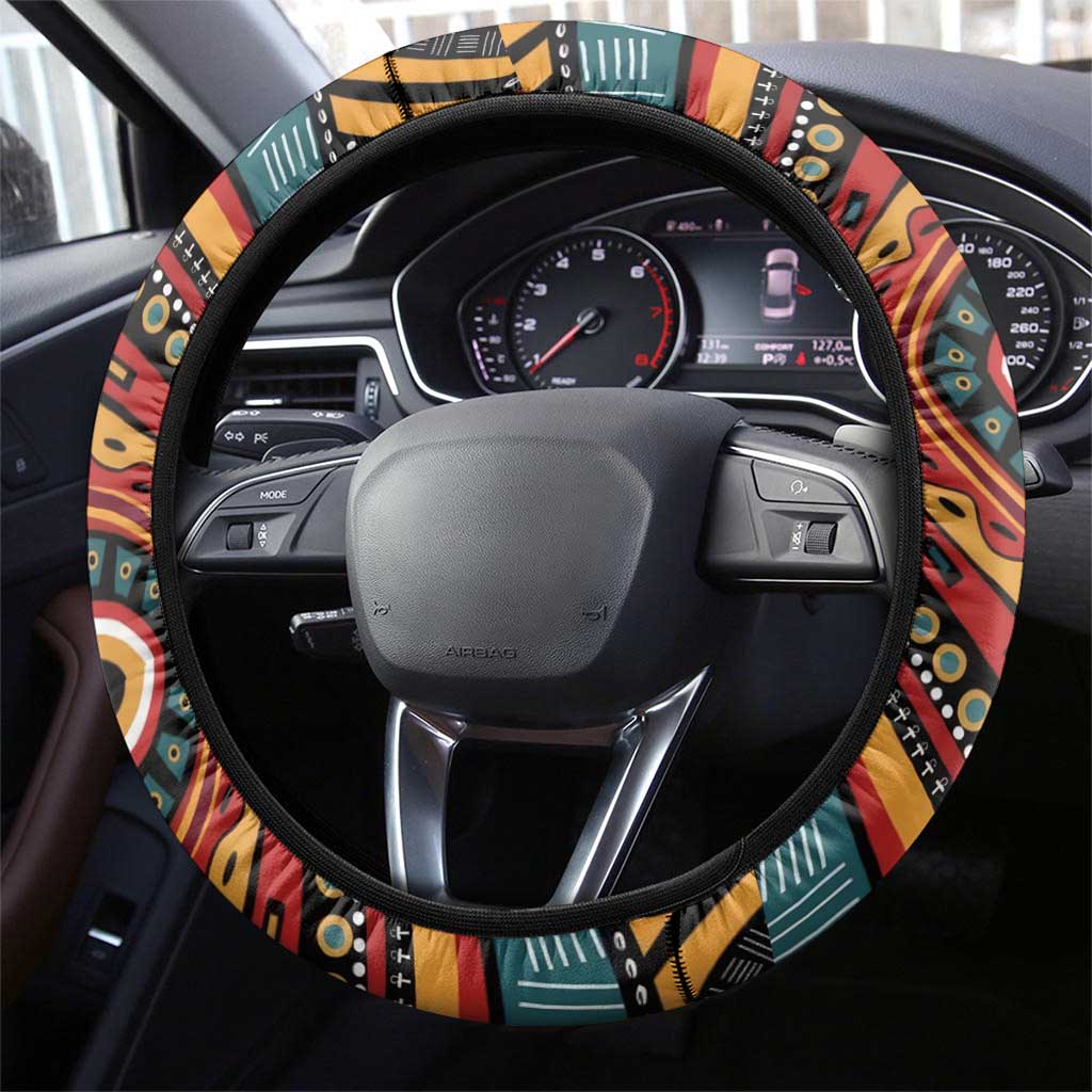 Mozambique Steering Wheel Cover with Red Black Geometric Design and Tribal Pattern - Wonder Print Shop