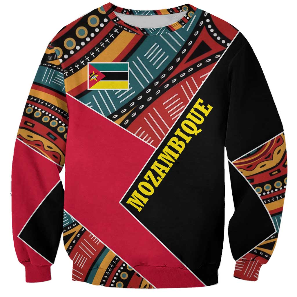 Mozambique Sweatshirt with Red Black Geometric Design and Tribal Pattern - Wonder Print Shop