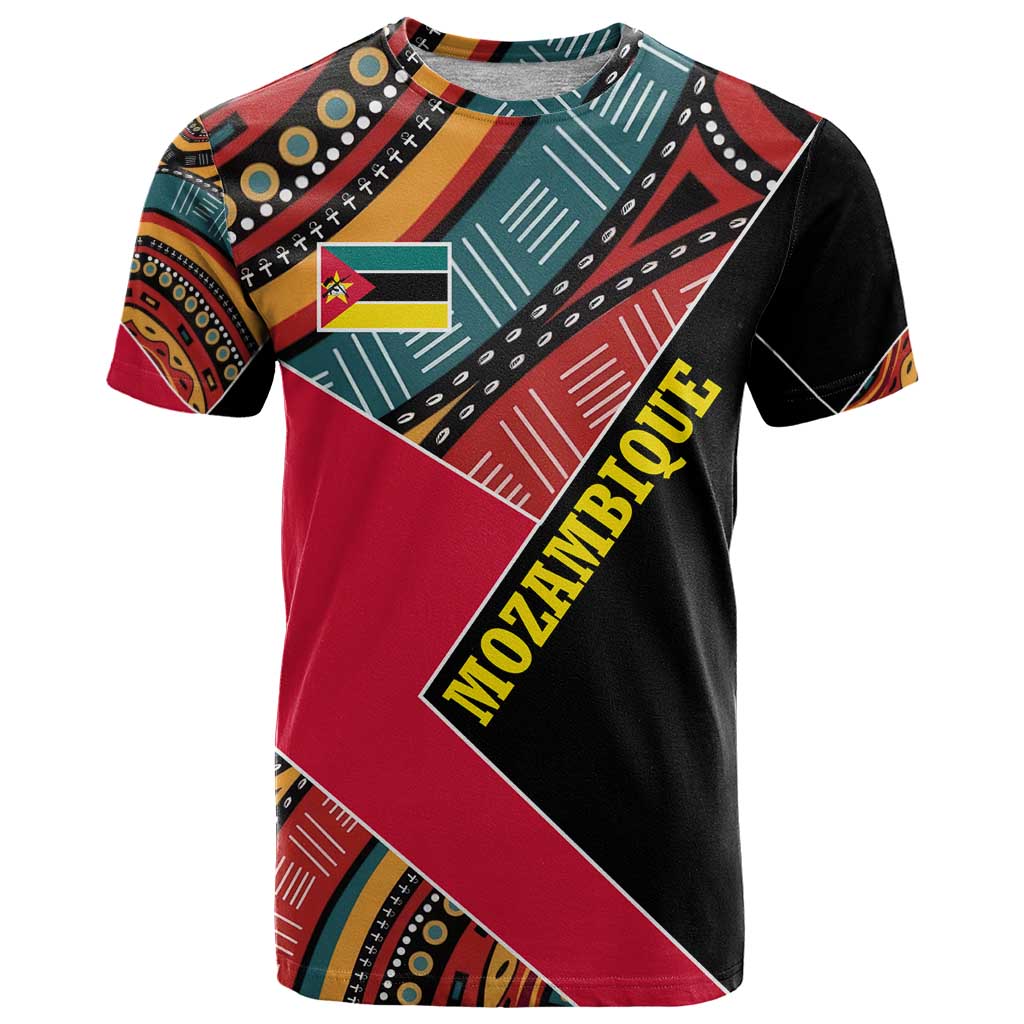 Mozambique T Shirt with Red Black Geometric Design and Tribal Pattern - Wonder Print Shop
