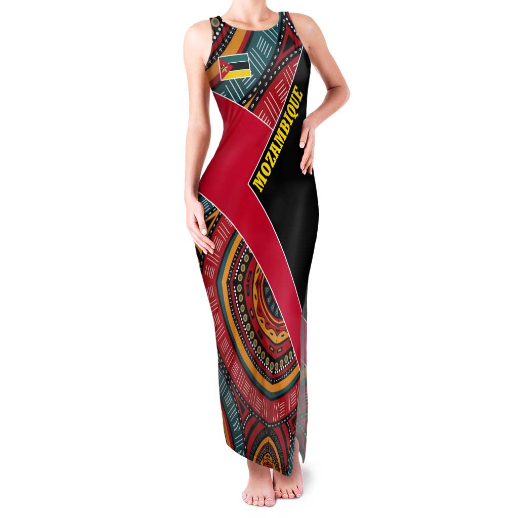 Mozambique Tank Maxi Dress with Red Black Geometric Design and Tribal Pattern - Wonder Print Shop