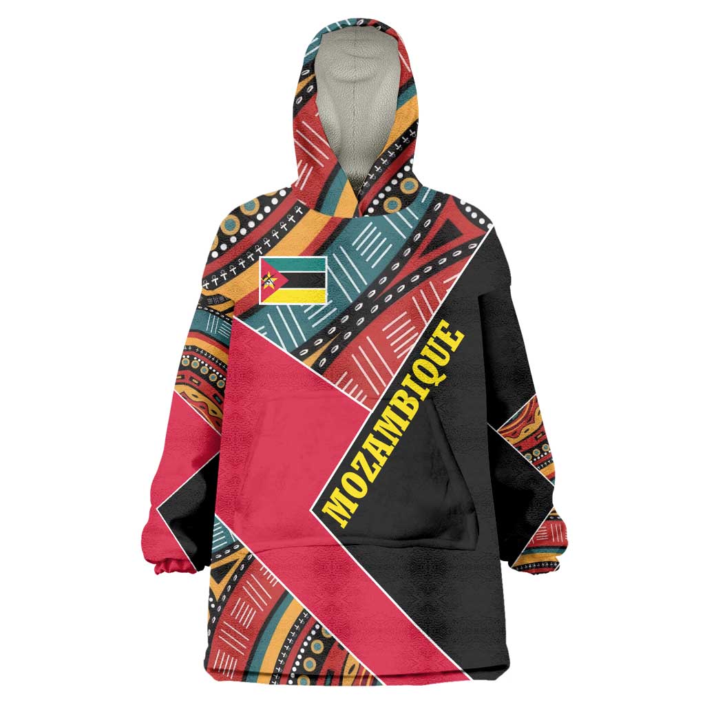Mozambique Wearable Blanket Hoodie with Red Black Geometric Design and Tribal Pattern - Wonder Print Shop