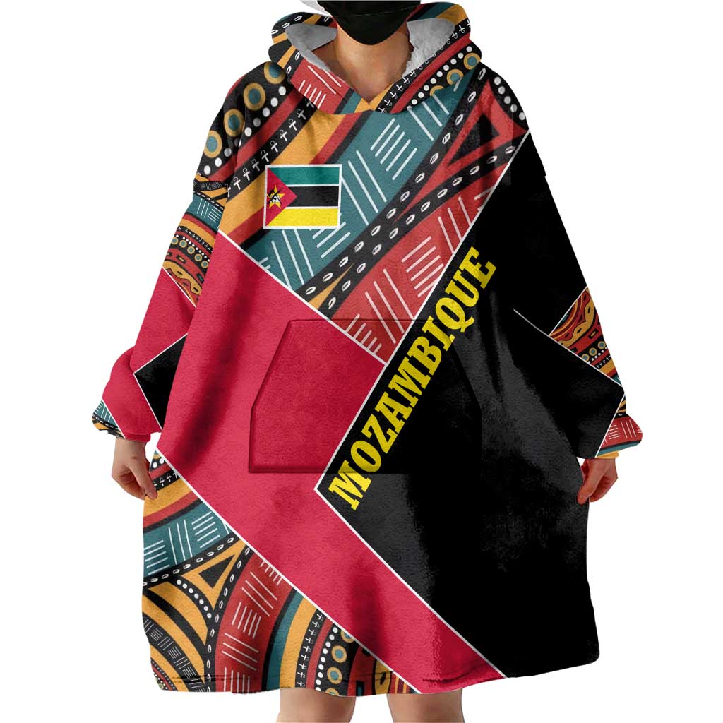 Mozambique Wearable Blanket Hoodie with Red Black Geometric Design and Tribal Pattern - Wonder Print Shop