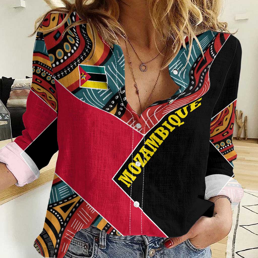 Mozambique Women Casual Shirt with Red Black Geometric Design and Tribal Pattern - Wonder Print Shop