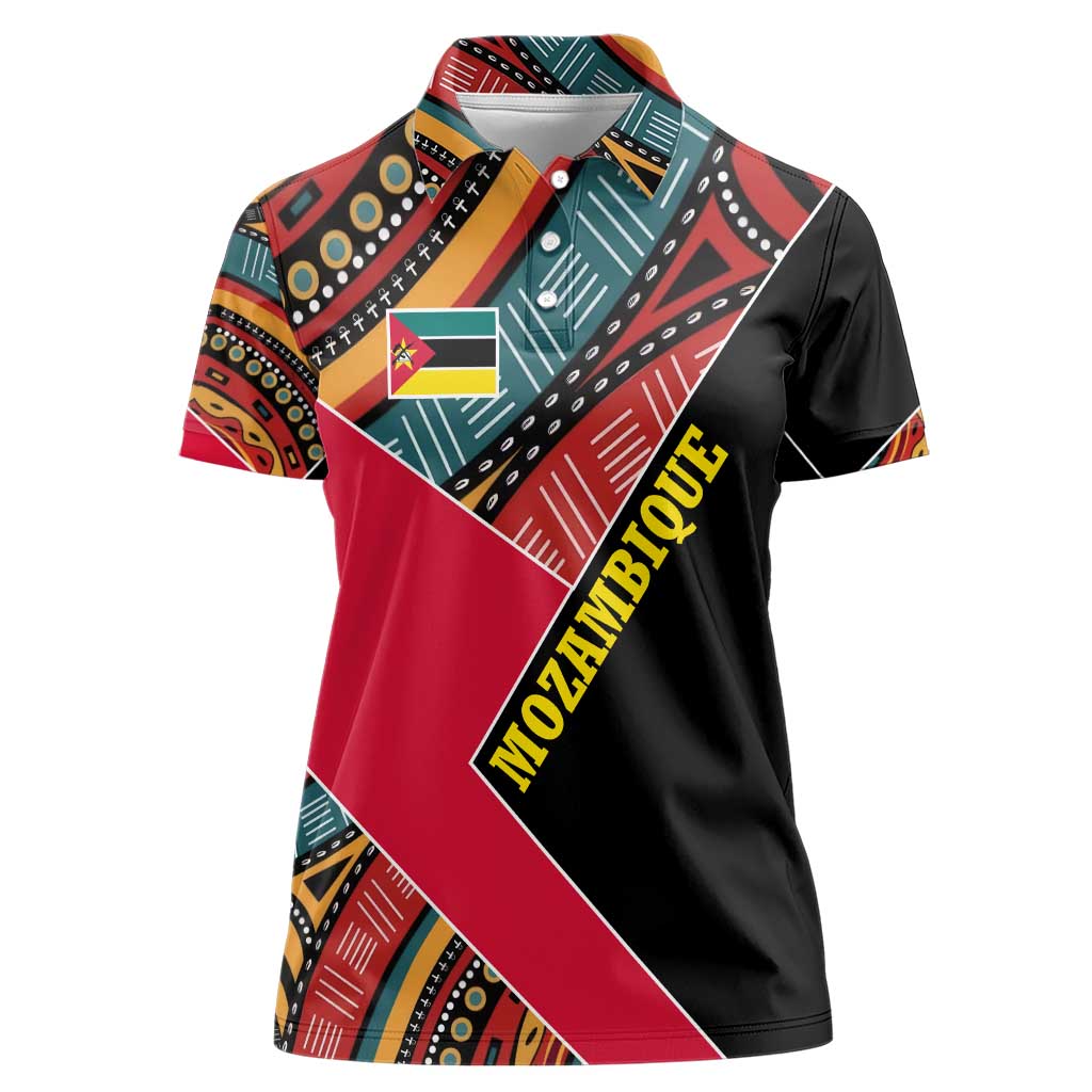 Mozambique Women Polo Shirt with Red Black Geometric Design and Tribal Pattern - Wonder Print Shop