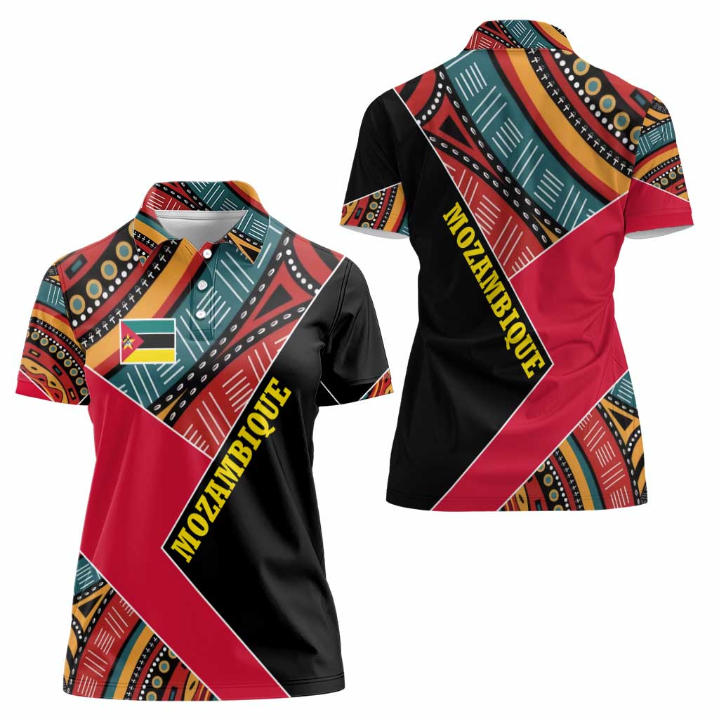Mozambique Women Polo Shirt with Red Black Geometric Design and Tribal Pattern - Wonder Print Shop