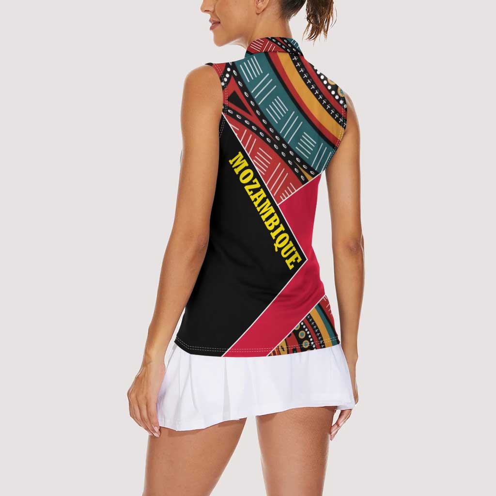 Mozambique Women Sleeveless Polo Shirt with Red Black Geometric Design and Tribal Pattern - Wonder Print Shop