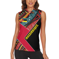 Mozambique Women Sleeveless Polo Shirt with Red Black Geometric Design and Tribal Pattern - Wonder Print Shop
