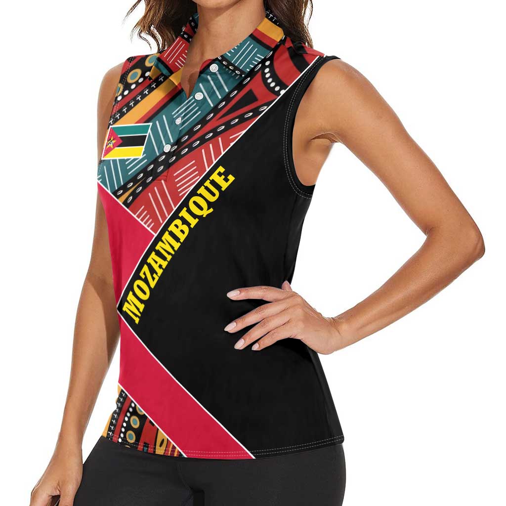 Mozambique Women Sleeveless Polo Shirt with Red Black Geometric Design and Tribal Pattern - Wonder Print Shop