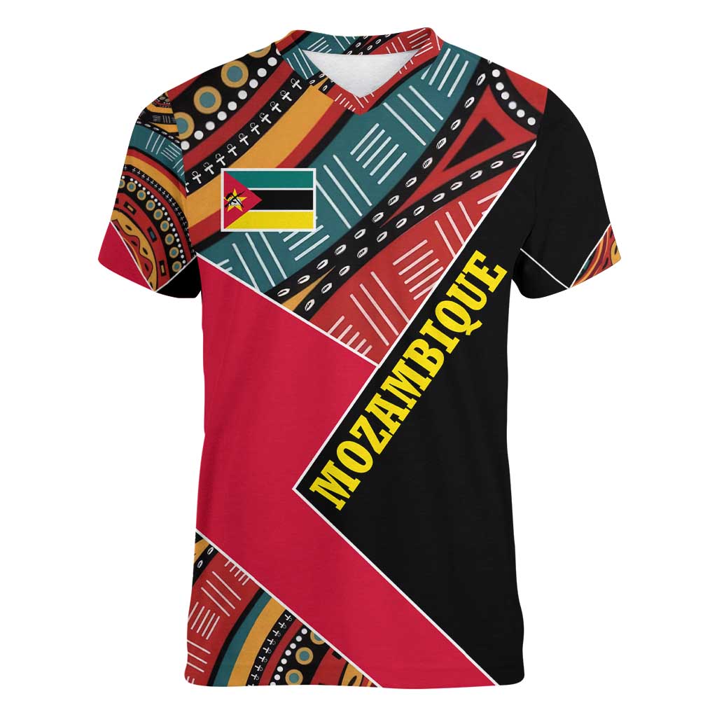 Mozambique Women V-Neck T-Shirt with Red Black Geometric Design and Tribal Pattern - Wonder Print Shop