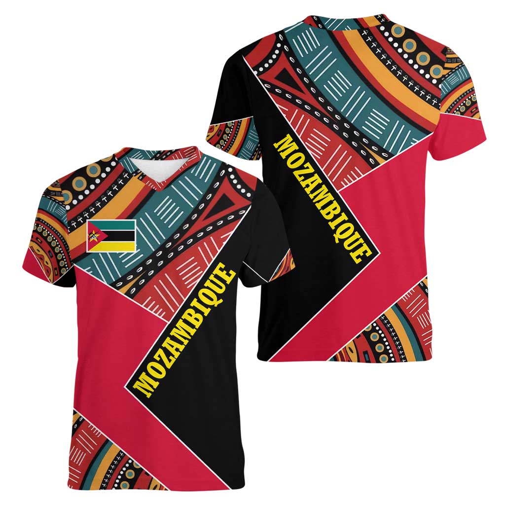Mozambique Women V-Neck T-Shirt with Red Black Geometric Design and Tribal Pattern - Wonder Print Shop